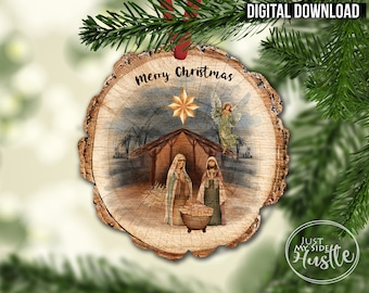 Wood Slice Ornament Sublimation Designs Template- Nativity Png - Mary Joseph Jesus Sublimation Door Hanger Template Digital Download