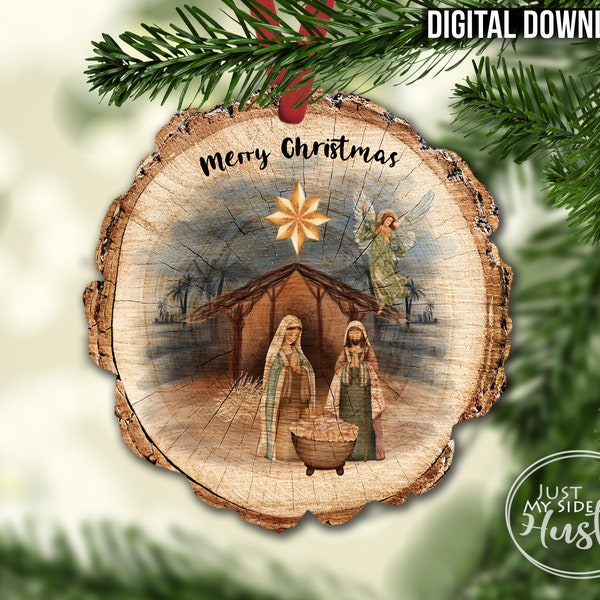 Wood Slice Ornament Sublimation Designs Template- Nativity Png - Mary Joseph Jesus Sublimation Door Hanger Template Digital Download