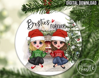 Christmas Besties Forever Round Ornament Sublimation Designs Template- Holiday Best Friends For life Earring Template Digital Download