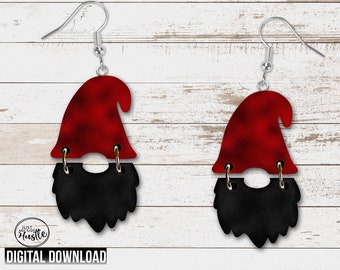 Classy Gnome Hat and Beard Earring PNG - Red and Black Metalic LOOK Gnome Sublimation Designs- Gnome Graphic Digital Download