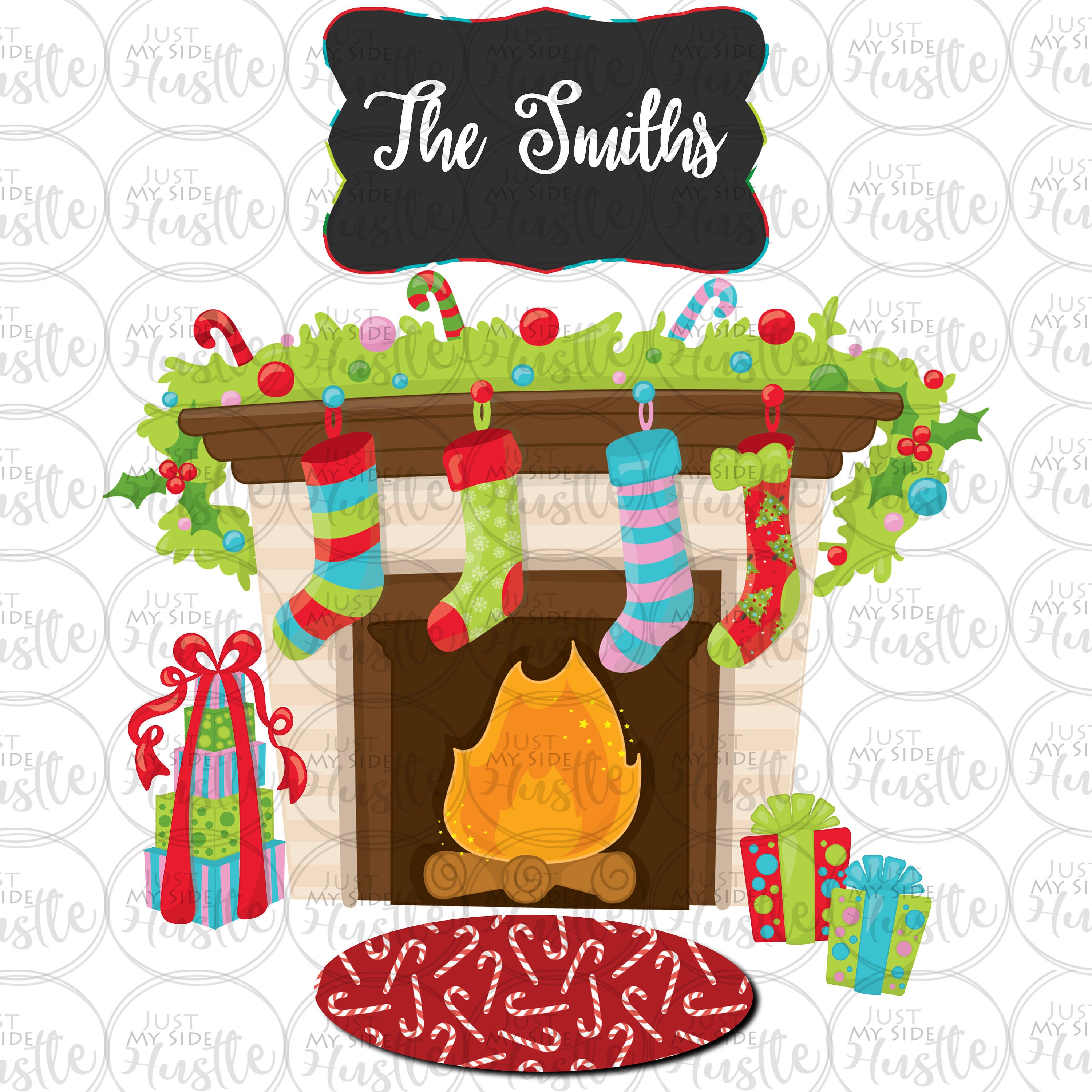 Customizable Cartoon Fireplace Scene Christmas Trees Stockings - Etsy UK