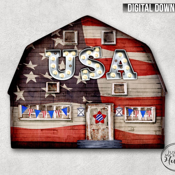 USA Farmhouse Country Barn Sign Png Sublimation Designs Template- Flag Modern Country Barn Clip art - Red White Blue July 4 Barn - Labor Day