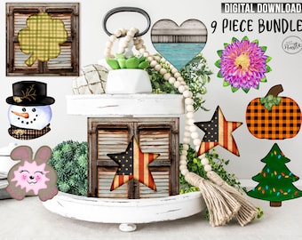 Farmhouse Square Shutter with Interchangeable Seasonal pieces Sublimation Designs Download - Rustic Tiered Tray Pngs