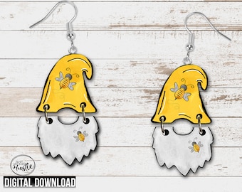 Yellow Bumble Bee Gnome Hat and Beard Earring PNG - Homey Bee Gnome Sublimation Designs- Gnome with Bee Graphic Digital Download