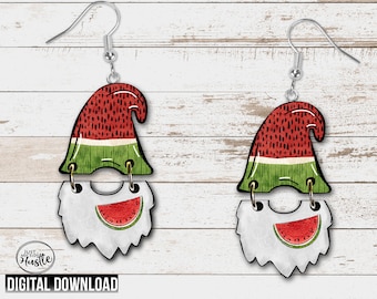 Summer Watermelon Gnome Hat and Beard Earring PNG - Melon Gnome Sublimation Designs- Gnome Graphic Digital Download