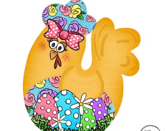 Spring Chicken Png - Easter Hen with Flowers and Hearts Sublimation Designs - Hip Chick Instant Digital Download