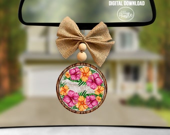 Tropical Flower Car Charm Png-Round Summer Template Sublimation Earring Template Sublimation Graphic Digital Download-Hibiscus Key Chain Png