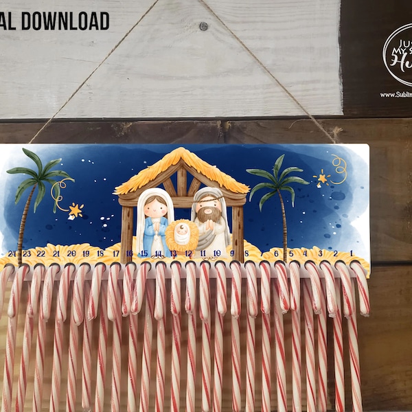 Nativity Candy Cane Countdown Sublimation Designs Png -Advent Calendar Holder Png- Numbered Christmas Countdown to Jesus Birthday