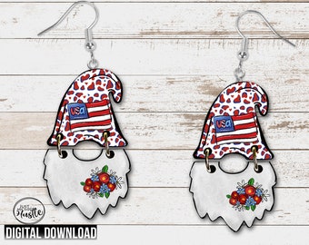 USA Gnome Hat and Beard Earring PNG -  Red White and Blue Gnome Sublimation Designs- Flag Gnome Graphic Digital Download