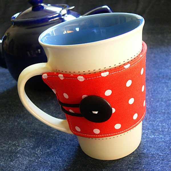 Coffee/Tea Cup Cozy- Red and White Polka-Dots- Ready to SHIP