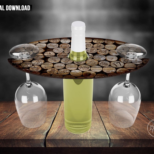 Rustic Cork Wine Caddy PNG- Distressed Sublimation Designs Downloads- Wine Glass Holder Tray Template- Wine Bottle and Glass Board Design