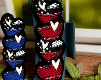 Hair Clip Red Line Heart and Blue Line Heart Design PNG Sublimation Designs -Heart Shaped Fire Fighter Police Hair Clip PNG for Sublimation