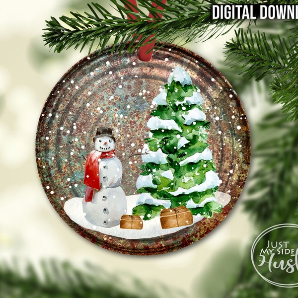 Rusty Lid look Ornament Sublimation Designs Template- Christmas Snowman Png Round Wall Hanger Template -Xmas Sublimation Download