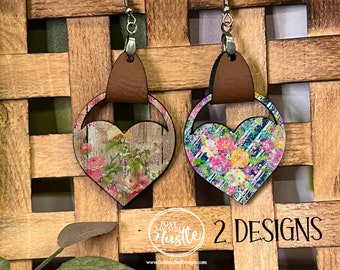 Open Heart Floral Earring Png for Sublimation -Flowers on Heart Sublimation Leather Earring -Heart Earring PNG Digital Download