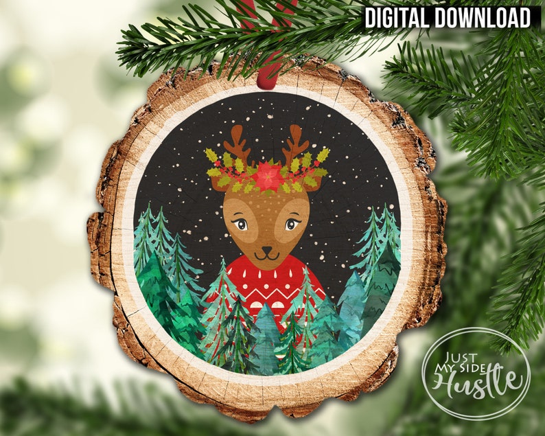 Download Deer Wood Slice Ornament Sublimation Designs Template Cute ...