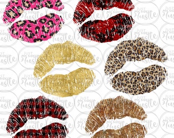 Set of 6 Bundle Leopard Gold Buffalo Plaid Lace Kiss Lips elements Sublimation Design PNG Graphic Clip Art Digital Download