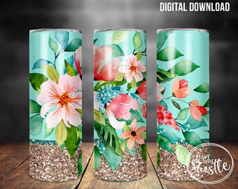 Tropical Flowers 20 oz Skinny Tumbler Sublimating Png - Glitter Floral Beach Design for Sublimation Tumbler Instant Digital Download