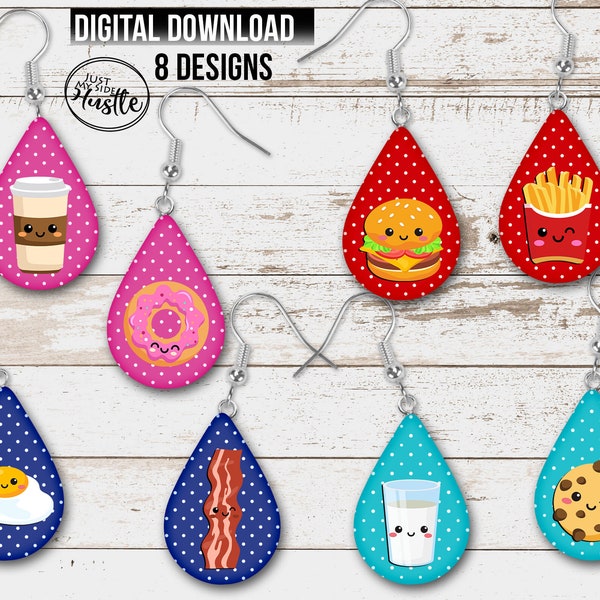 Tear Drop 8 Earring Bundle  Valentines Day Teardrop Earrings Png-Coffee Donuts Png- Burger and Fries Png-Eggs and Bacon Png-Milk and Cookies