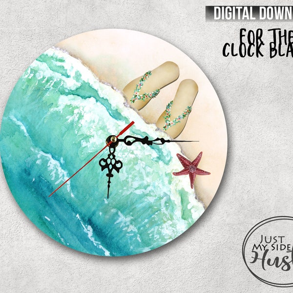 Beach Clock Sublimation Designs Png Template Instant Digital Download- Sand - Water- Flip Flops Sublimation Clock Design