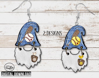 Baseball Gnome Hat and Beard Earring PNG - Softball Gnome Sublimation Designs- Ball Game Lover Gnome Graphic Digital Download