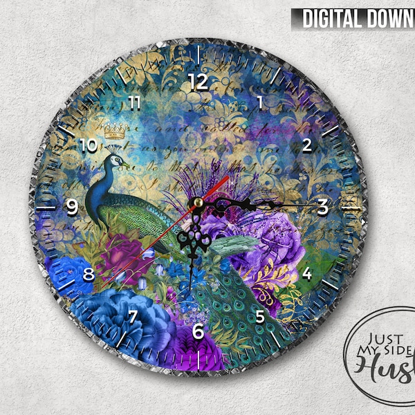 Paon avec des fleurs Clock Sublimation Designs Modèle Png Téléchargement numérique instantané - Belle conception d’horloge de sublimation d’oiseau