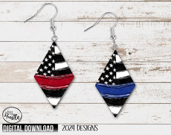 Diamond Shaped Fire Fighter Flag with Red Line Earring Png - Blue Line Police Flag Diamond Earring Digital Download