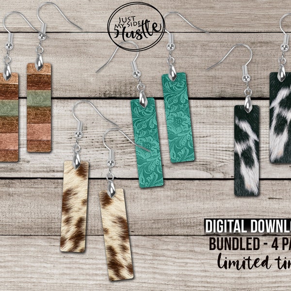 Bar Earrings Sublimation Designs Png Bundle- Distressed Cowhide Look Rectangle Earring Template- Rectangle Earring Instant Digital Download