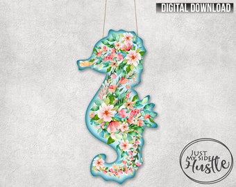 Seahorse Png Doorhanger Template- Colorful Flower Seahorse Sublimation Designs Earring Blank-Beachy Summer Seahorse Instant Digital Download