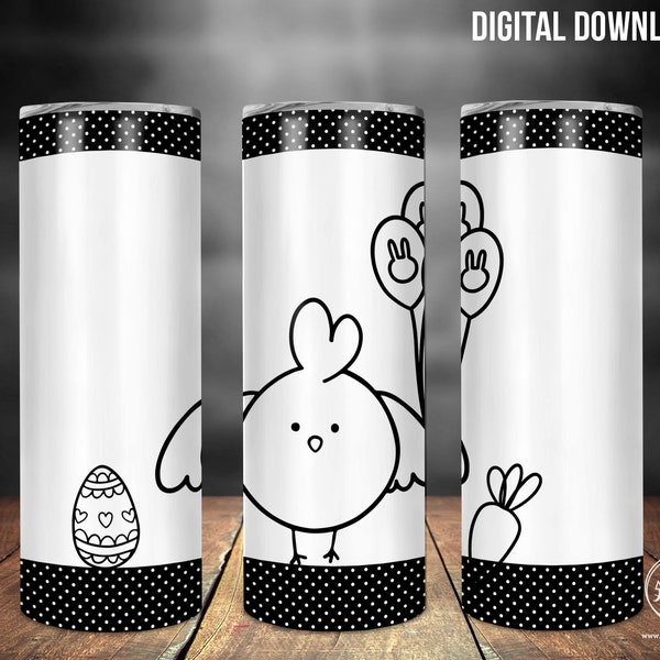 Easter Chick Line art 20 oz Skinny Tumbler Sublimating Png - Black and White Sublimation Wrap  Instant Digital Download