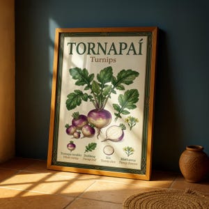May include: A framed botanical print featuring the word "TORNAPAÍ" above "Turnips". The illustration depicts whole turnips, turnip leaves, a turnip slice, and turnip flowers. The print has a wooden frame and is leaning against a dark blue wall.