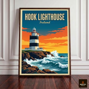 May include: Framed art print featuring the Hook Lighthouse in Ireland. The lighthouse, with its black and white stripes, stands on a rocky cliff, with waves crashing below. The sky transitions from blue to orange, with the text "HOOK LIGHTHOUSE Ireland".
