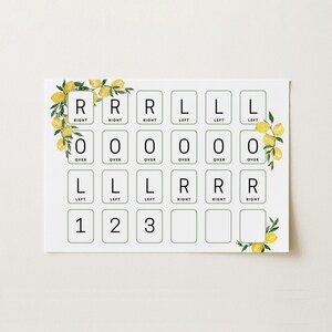 May include: A white rectangular educational chart featuring a grid of boxes with letters and numbers. The text includes R RIGHT, L LEFT, O OVER, and the numbers 1, 2, and 3. The design is decorated with watercolor illustrations of yellow lemons.