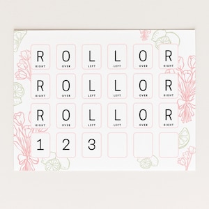 May include: A white rectangular instructional sheet featuring a grid of boxes with the text R, O, L, L, O, R and subtext RIGHT, OVER, LEFT, LEFT, OVER, RIGHT. The bottom row includes numbers 1, 2, 3. The border is decorated with light pink floral and lemon illustrations.