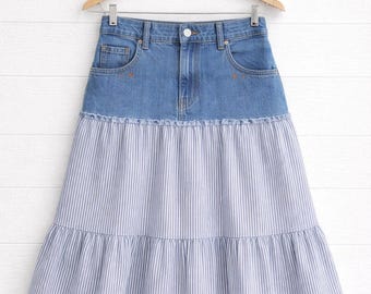 Upcycled Denim Tiered Skirt, Navy White Stripe Cotton, Boho Prairie Cottagecore Peasant, 3 Lengths