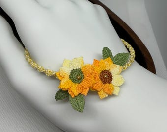 Twin Sunflowers Toward the Light – Handmade Crochet Bracelet
