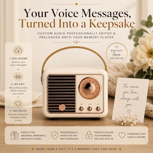 May include: Cream-colored retro radio with rose gold accents. The radio has a handle and a dial. Text on the image reads "Your Voice Messages, Turned Into a Keepsake." A card next to the radio says "The voices you love, always with you."