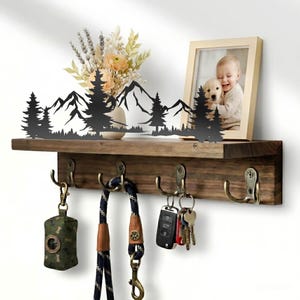 Mountain Forest Metal Wooden Key Holder Shelf Pine Tree Coat Wall Entryway Organizer Hook Rack Sign Wilderness Landscape Home Decor