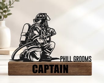 Custom Firefighter Desk Name Plate Wedge, Personalized Fireman Nameplate, Executive Office Sign, Shelf Tabletop Plaque Fire Department Decor