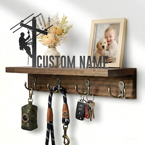Custom Lineman Metalen Houten Sleutelhouder Plank Gepersonaliseerde Elektrotechnisch Ingenieur Jas Muur Organizer Haak Rek Teken Lineworker Home Decor
