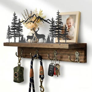 Family Deer Mountain Forest Metal Wooden Key Holder Shelf Pine Tree Coat Wall Entryway Entryway Organizer Hook Rack Sign Hunter Home Decor