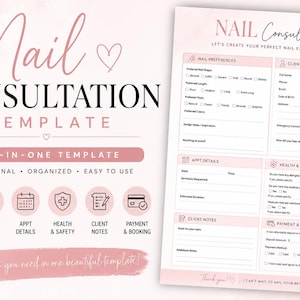 Può includere: Un modello di consulenza per unghie con uno schema di colori rosa chiaro e bianco. Il modulo include sezioni per le preferenze delle unghie, informazioni sul cliente, dettagli dell'appuntamento, salute e sicurezza, note e pagamenti.