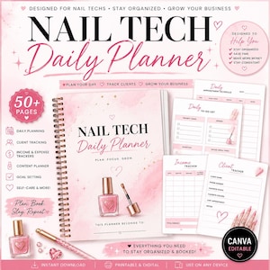 May include: A pink and white "Nail Tech Daily Planner" with spiral binding. The cover displays the text "Nail Tech Daily Planner" and "Plan. Focus. Grow." Inside are pages for daily planning, client tracking, and income tracking. Nail polish is featured.