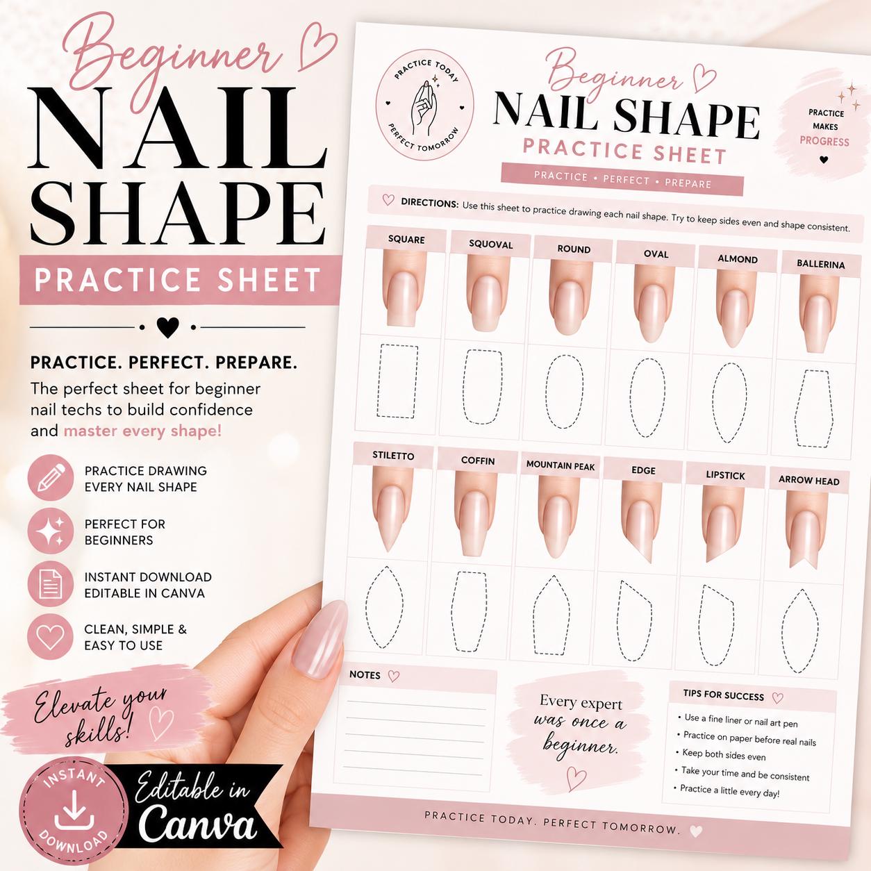 Beginner Nail Shape Practice Sheet | Editable Canva Nail Tech Training ...