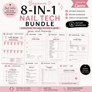 May include: A pink and white 8-in-1 Nail Tech Bundle with editable templates, instant download, and perfect for beginners. Includes nail shape practice sheets, sizing charts, price lists, client intake forms, aftercare cards, booking policies, and more.