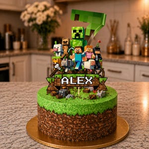 May include: A round birthday cake decorated with a Minecraft theme. The cake features a green grassy top and a brown pixelated base. A topper displays the name "ALEX" and various Minecraft characters, with a large green "7" on top.