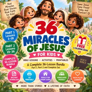 Könnte beinhalten: Ein digitales Bildungsset mit dem Titel 36 Miracles of Jesus for Kids, das eine Illustration von Jesus mit vier Kindern zeigt. Die Grafik enthält Text über Bibellektionen, Aktivitäten, Druckvorlagen und ein kostenloses Malbuch sowie Symbole für PDF, A4-Druck und glaubensbasiertes Lernen.