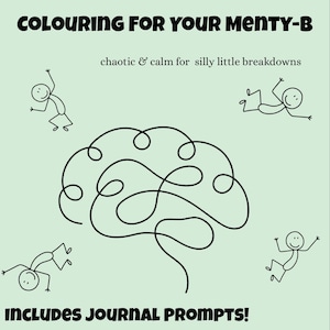May include: A light green poster with black text and illustrations. The text reads "COLOURING FOR YOUR MENTY-B" and "INCLUDES JOURNAL PROMPTS!". The poster also includes a brain illustration and stick figures.