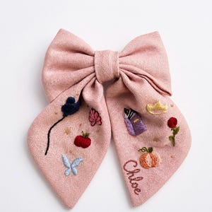 Personalized Embroidered Linen Storybook Hair Bow, Custom Name Fairy Tale Accessory