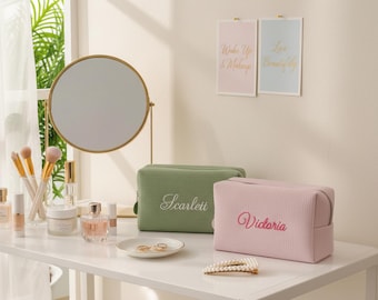 Personalized Waffle Cosmetic Bag | Custom Embroidered Name Pouch, Travel Toiletry Case