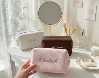 Personalized Waffle Cosmetic Bag | Custom Embroidered Name Pouch, Travel Toiletry Case